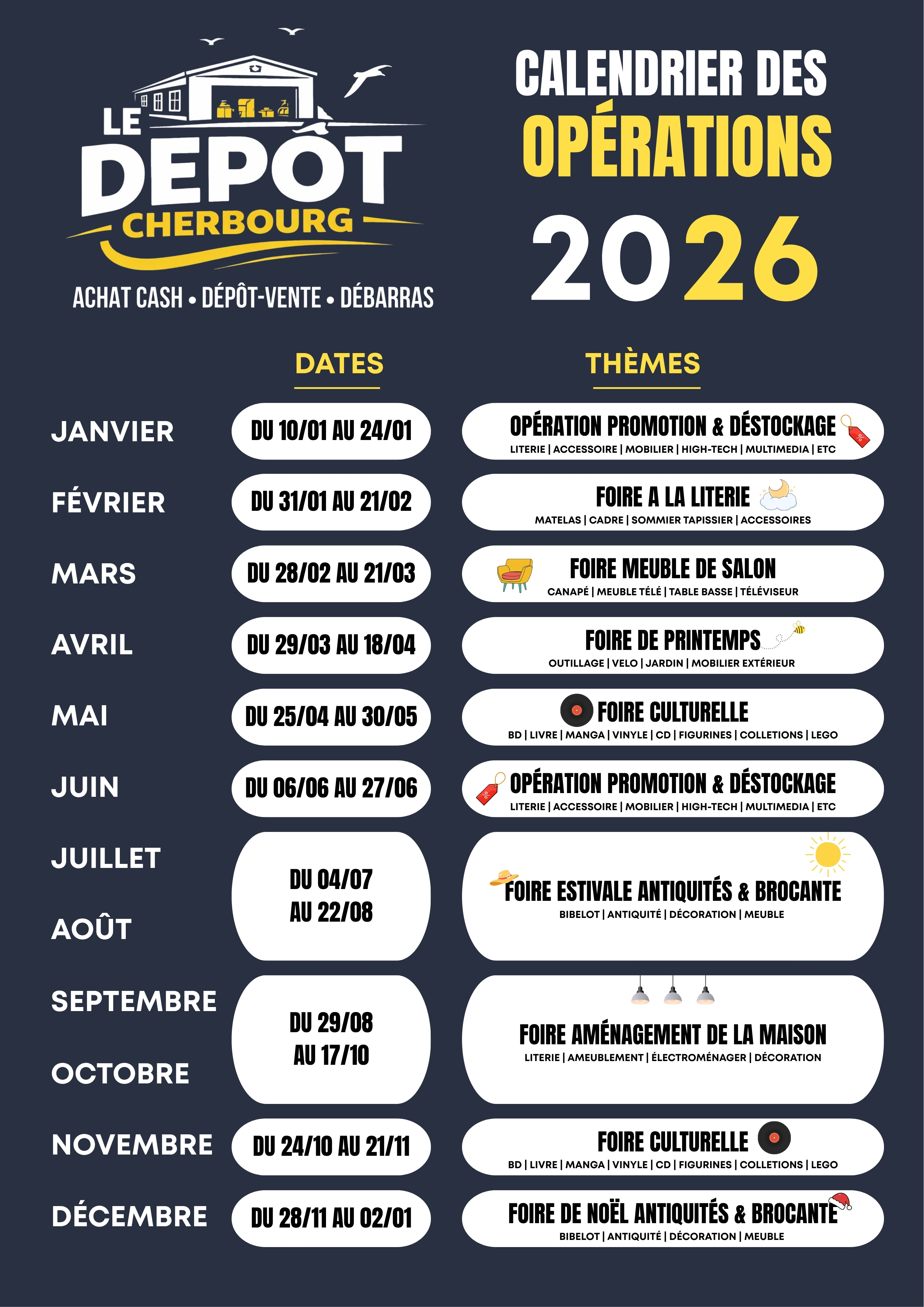 Calendrier des op&eacute;rations 2026 Le D&eacute;p&ocirc;t Cherbourg &mdash; foires brocante, literie, culturelle et am&eacute;nagement maison &agrave; Tourlaville