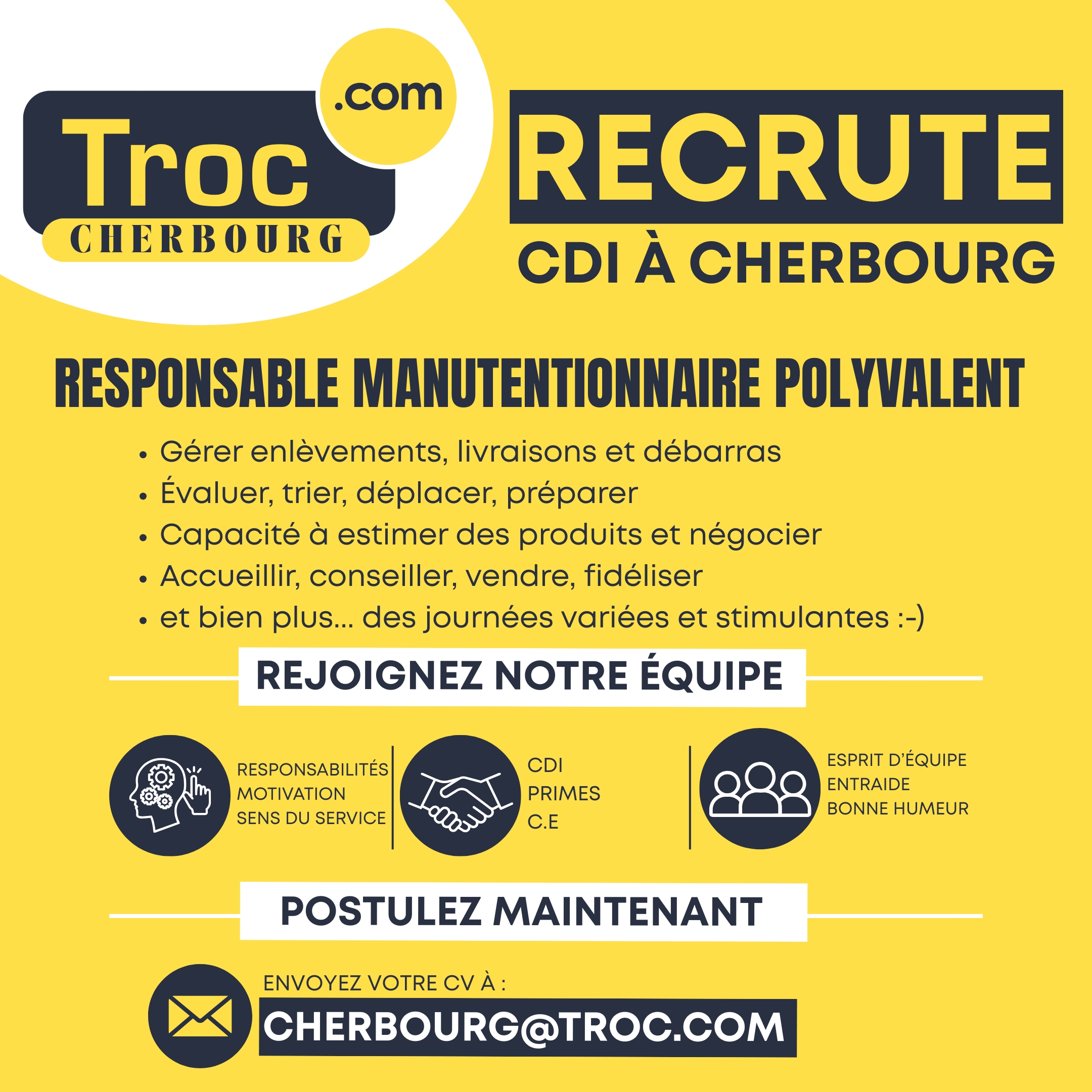 offre d'emploi Cherbourg, recrutement Cherbourg, emploi Cherbourg, job Cherbourg, CDI Cherbourg, emploi manutentionnaire Cherbourg, poste manutentionnaire Normandie, responsable logistique Cherbourg, emploi commerce Cherbourg, vendeur polyvalent Cherbourg