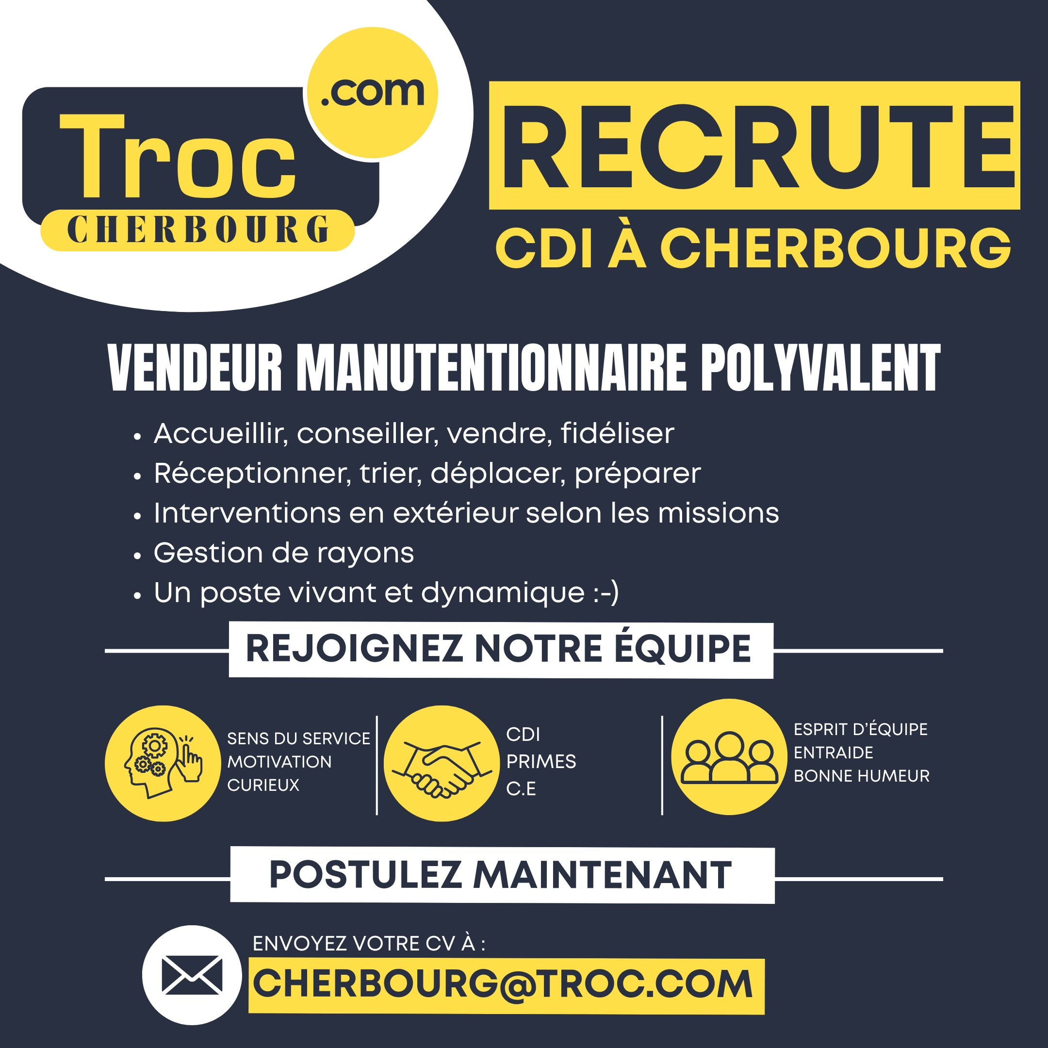 offre d'emploi Cherbourg, recrutement Cherbourg, emploi Cherbourg, job Cherbourg, CDI Cherbourg, emploi manutentionnaire Cherbourg, poste manutentionnaire Normandie, responsable logistique Cherbourg, emploi commerce Cherbourg, vendeur polyvalent Cherbourg